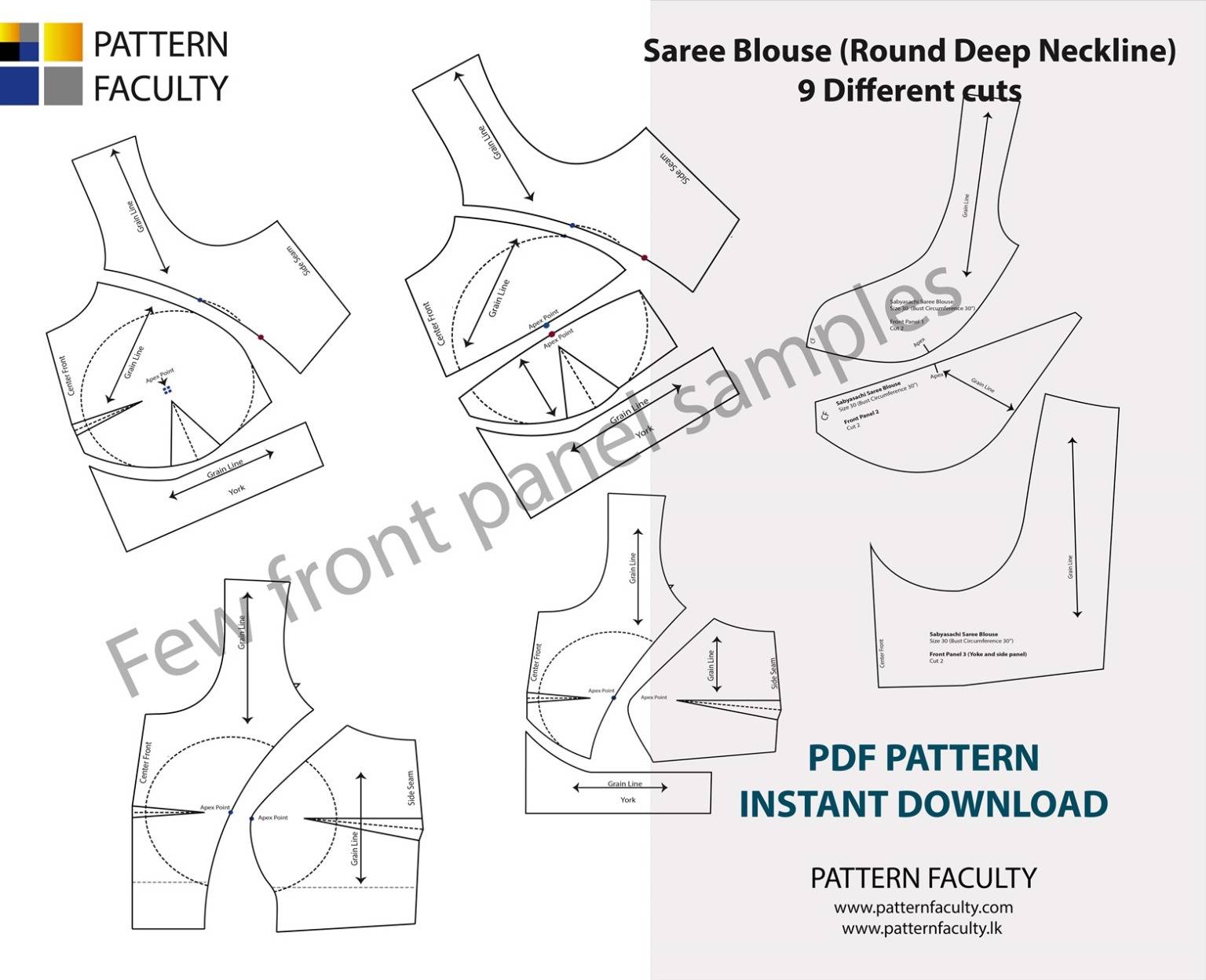 Saree Blouses Round Deep Neckline - Size 29 - 9 Styles Sari Blouses - Sabyasachi-Single Katori-Double Katori-Princess Line-Three Darted-Four Darted pdf Patterns-04