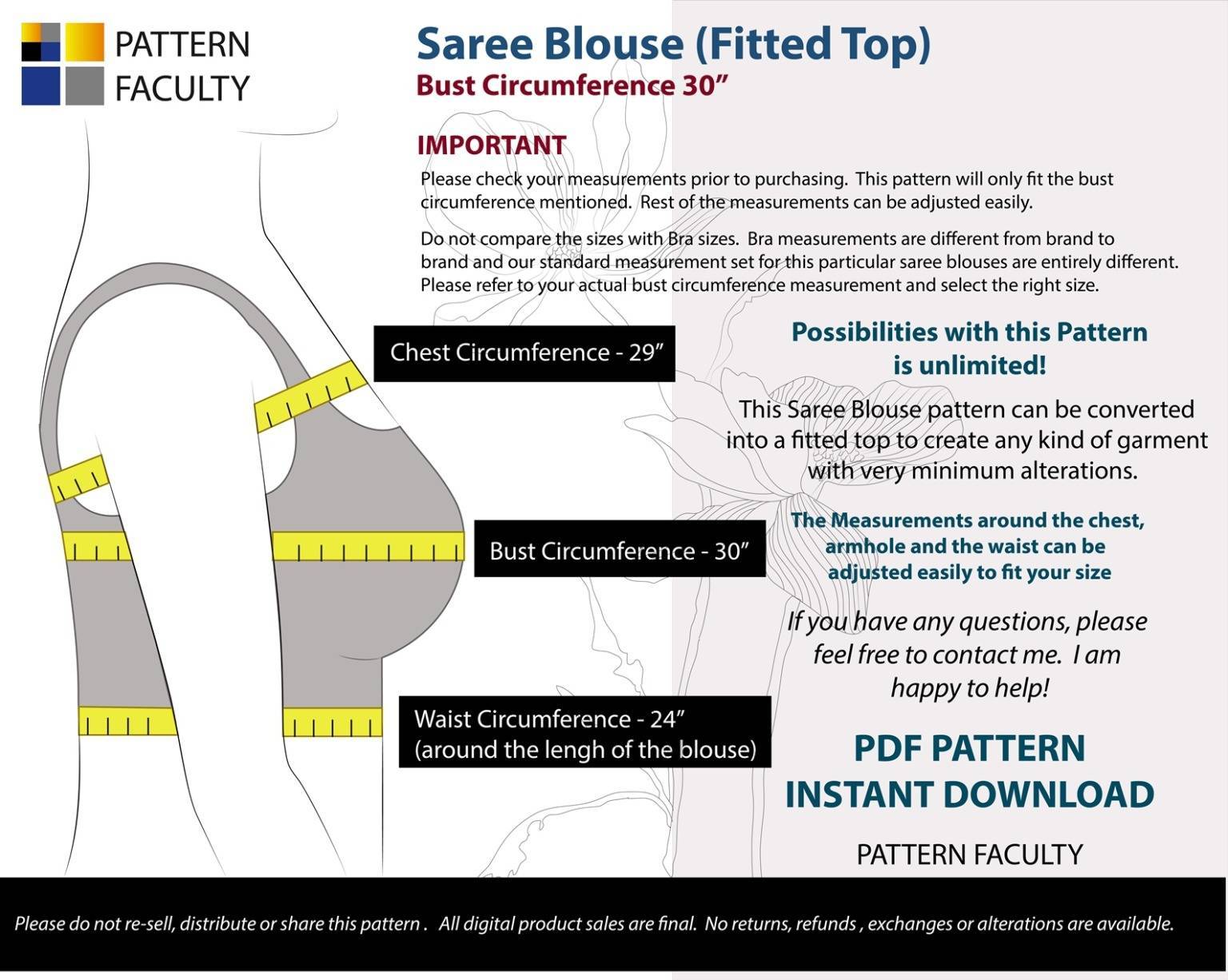 Saree Blouses Round Deep Neckline - Size 30 - 9 Styles Sari Blouses - Sabyasachi-Single Katori-Double Katori-Princess Line-Three Darted-Four Darted pdf Patterns-02