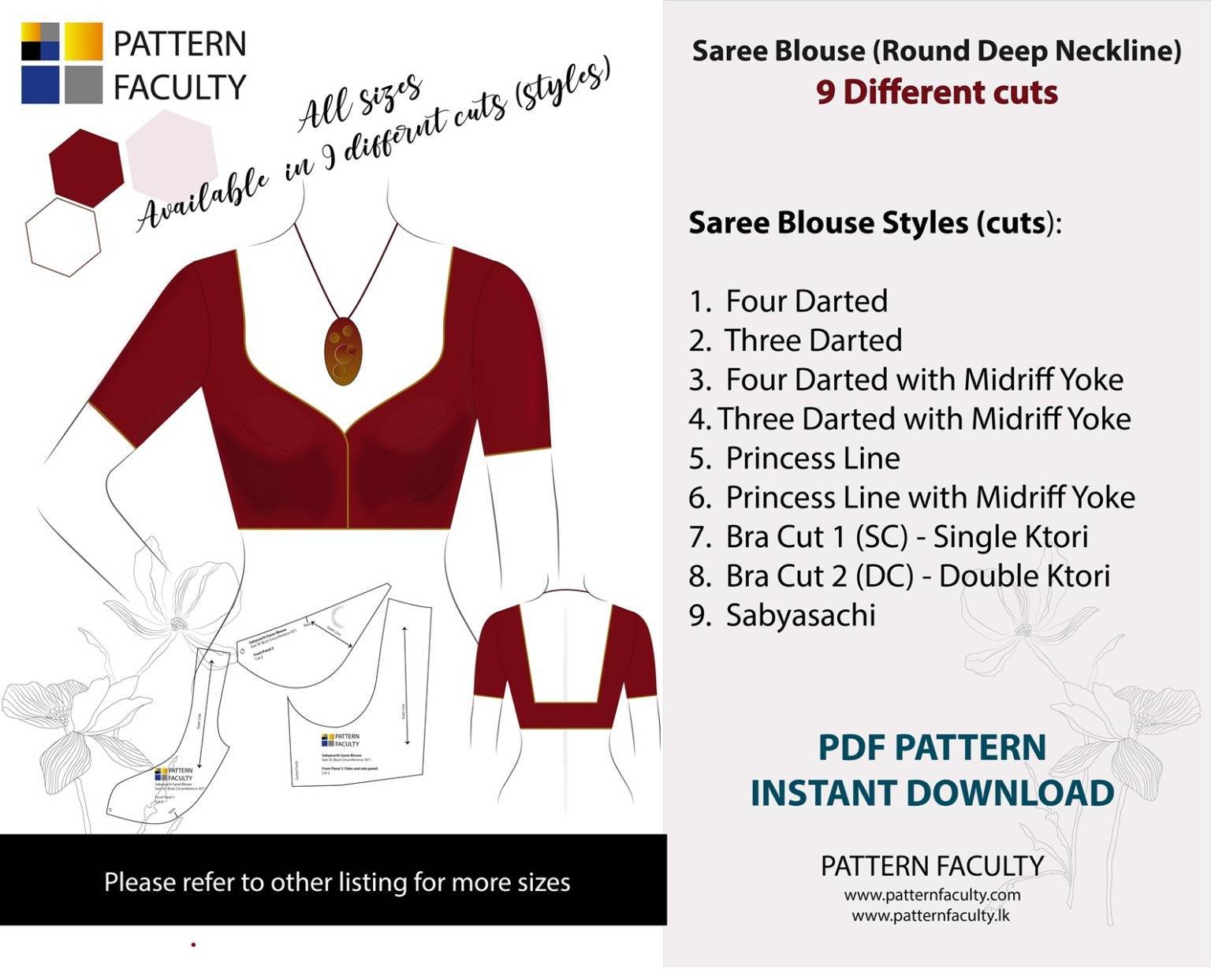Saree Blouses Round Deep Neckline - Size 34 - 9 Styles Sari Blouses - Sabyasachi-Single Katori-Double Katori-Princess Line-Three Darted-Four Darted pdf Patterns-03