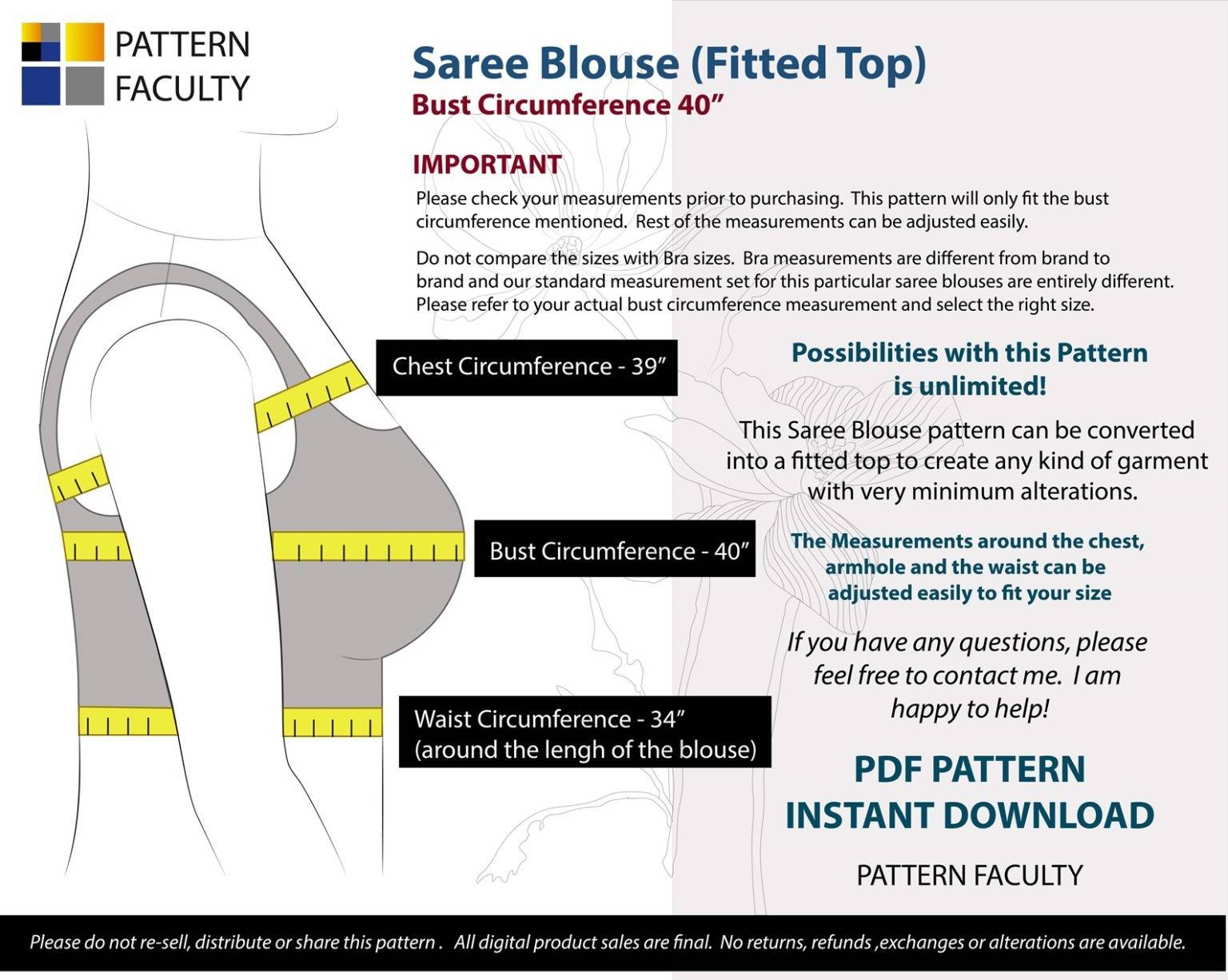 Saree Blouses Round Deep Neckline - Size 40 - 9 Styles Sari Blouses - Sabyasachi-Single Katori-Double Katori-Princess Line-Three Darted-Four Darted pdf Patterns-02