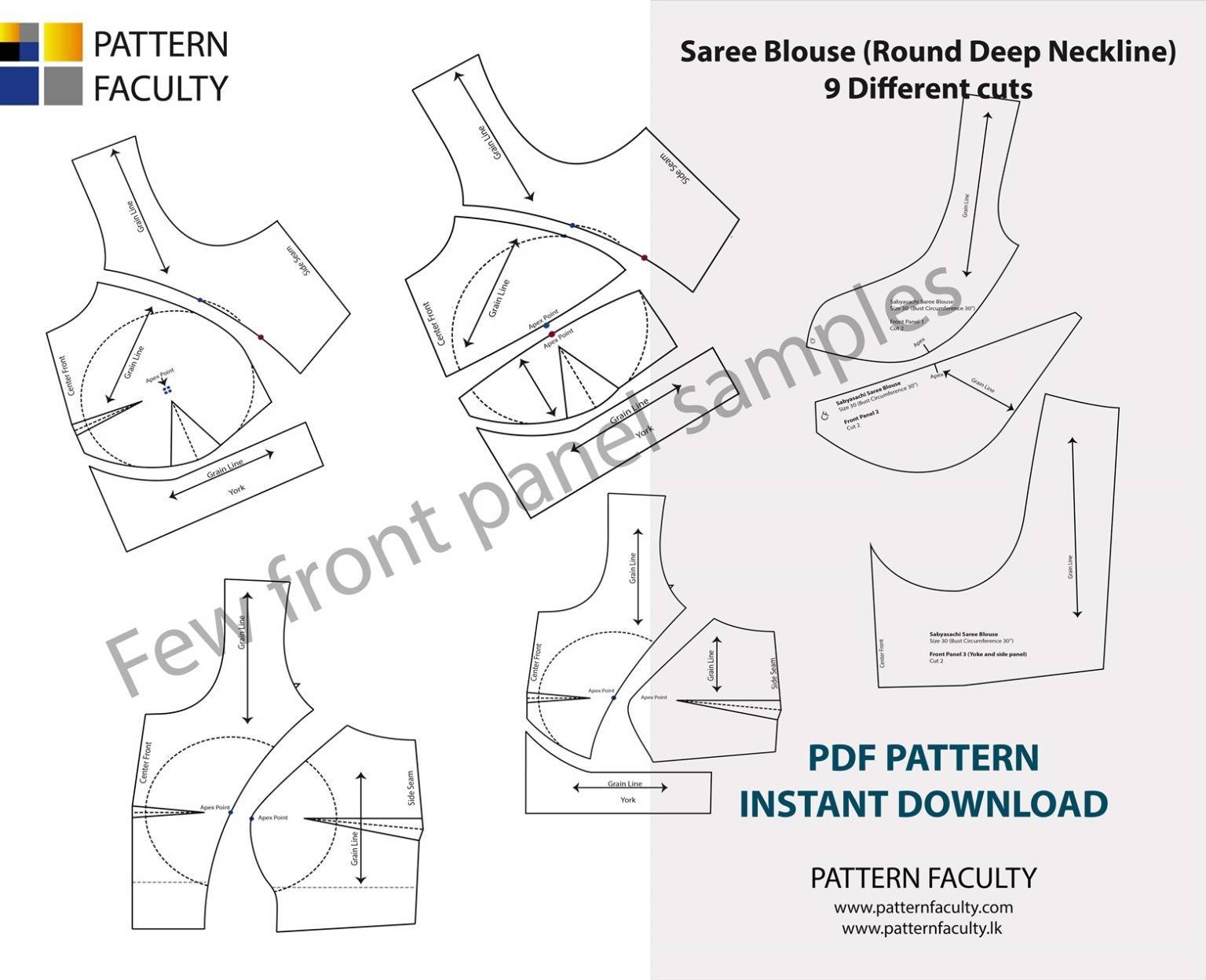Saree Blouses Round Deep Neckline - Size 44 - 9 Styles Sari Blouses - Sabyasachi-Single Katori-Double Katori-Princess Line-Three Darted-Four Darted pdf Patterns-04