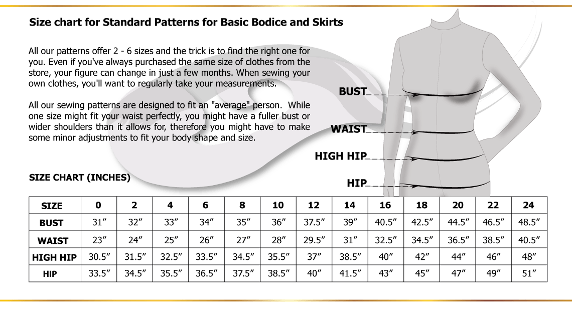 Size Chart for standard basic sewing patterns