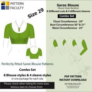 Saree Blouses - Round Deep Necklines - Size 29 - 8 Blouse Designs & 4 Sleeve Designs