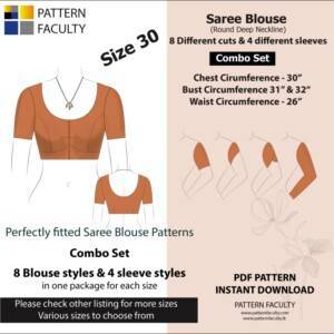 Saree Blouses - Round Deep Necklines - Size 30 - 8 Blouse Designs & 4 Sleeve Designs