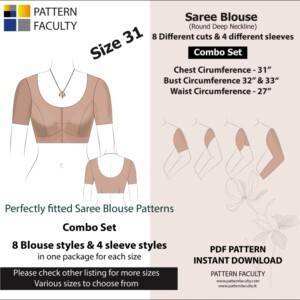 Saree Blouses - Round Deep Necklines - Size 31 - 8 Blouse Designs & 4 Sleeve Designs
