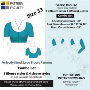 Saree Blouses - Round Deep Necklines - Size 33 - 8 Blouse Designs & 4 Sleeve Designs