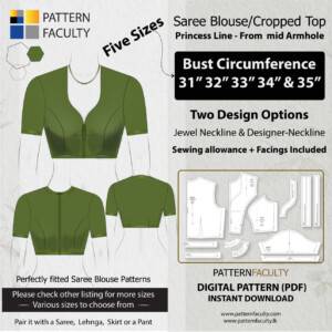 Saree Blouse High Neckline Size 31 to 35 Princess Line from mid armhole One Design with two options 5 Sizes - Bust Circumference 31, 32, 33, 34, and 35